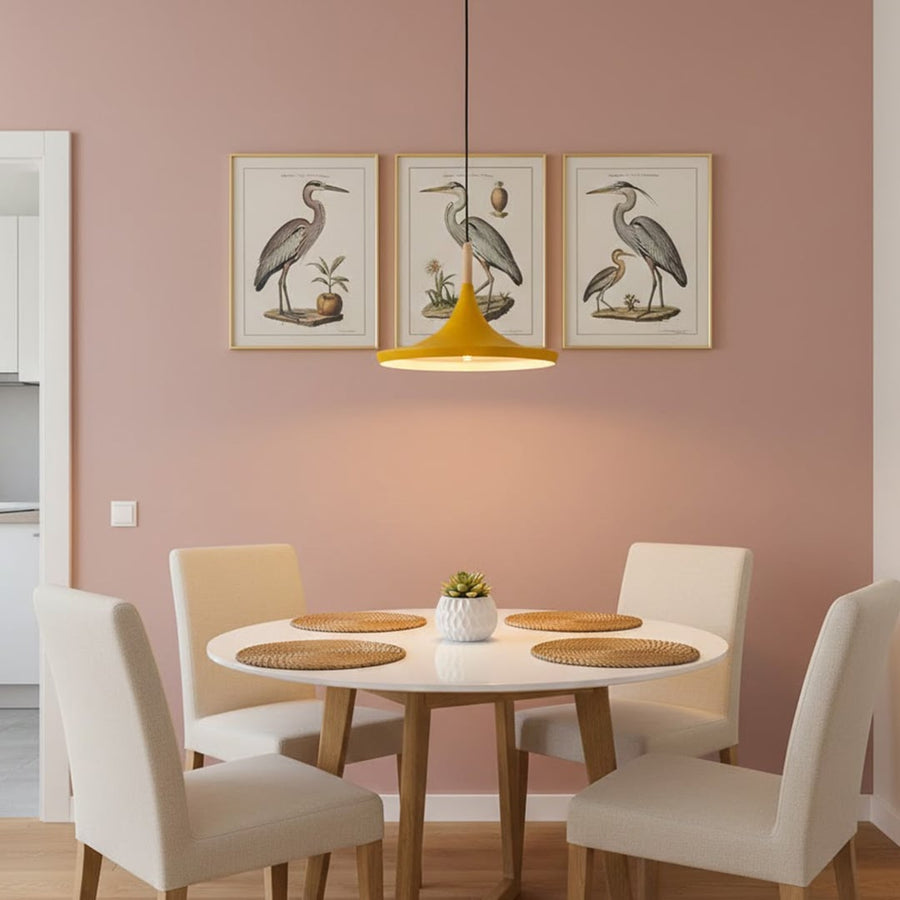 wood tip pendant lamp round yellow main lifestyle