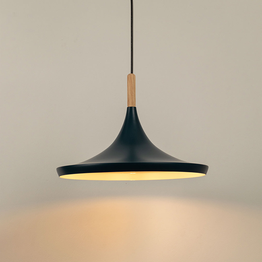 Green wide shade pendant light with wooden top modern hanging lamp for kitchen dining room stylish home decor lighting.

