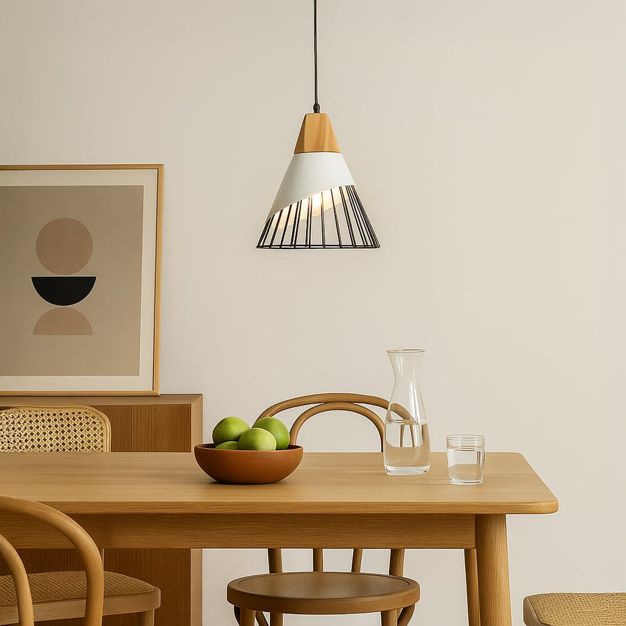 Modern black metal and natural wood cone pendant lamp hanging in a cozy living room over a soft grey sofa for home decor.