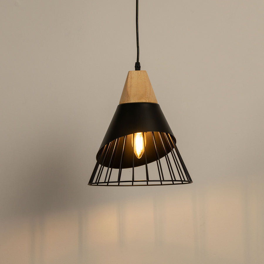 Black cone pendant light with wooden top and wire cage shade modern hanging lamp for kitchen dining room decor lighting.