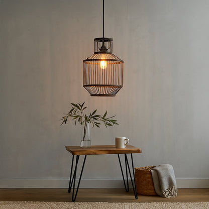 Industrial wire pendant light adding modern elegance and a warm glow to contemporary living or dining spaces.