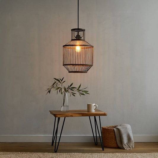 Industrial wire pendant light adding modern elegance and a warm glow to contemporary living or dining spaces.