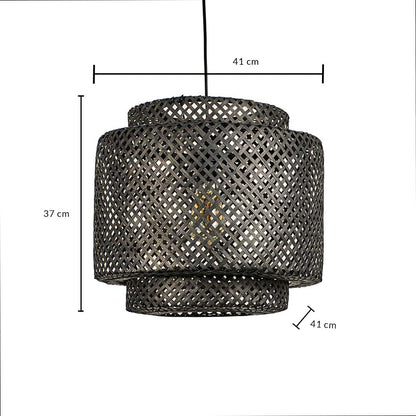 Dimension image of tiered cylindrical black bamboo pendant light with woven frame showing 37 cm height and 41 cm width.