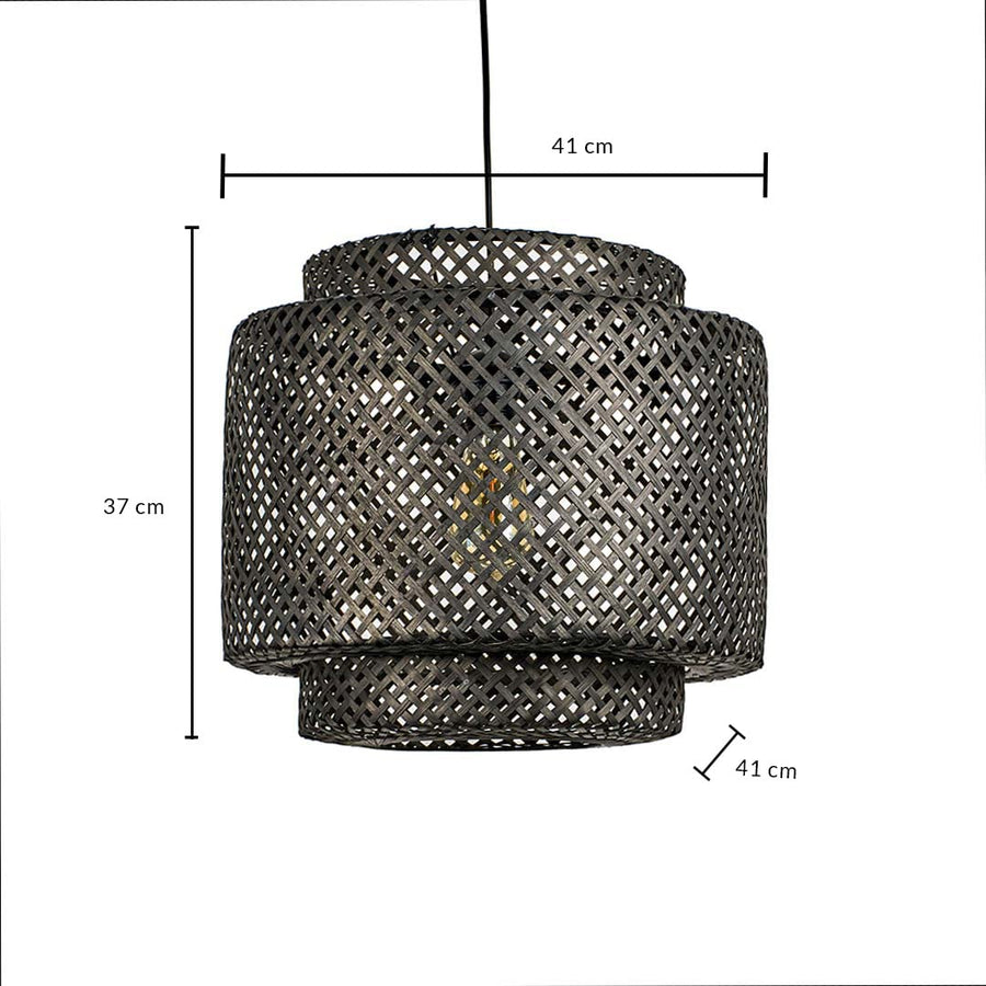 Dimension image of tiered cylindrical black bamboo pendant light with woven frame showing 37 cm height and 41 cm width.