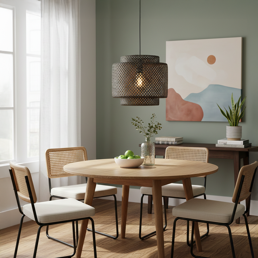 Brown woven rattan pendant light above dining table creating cozy ambiance with rustic elegance.