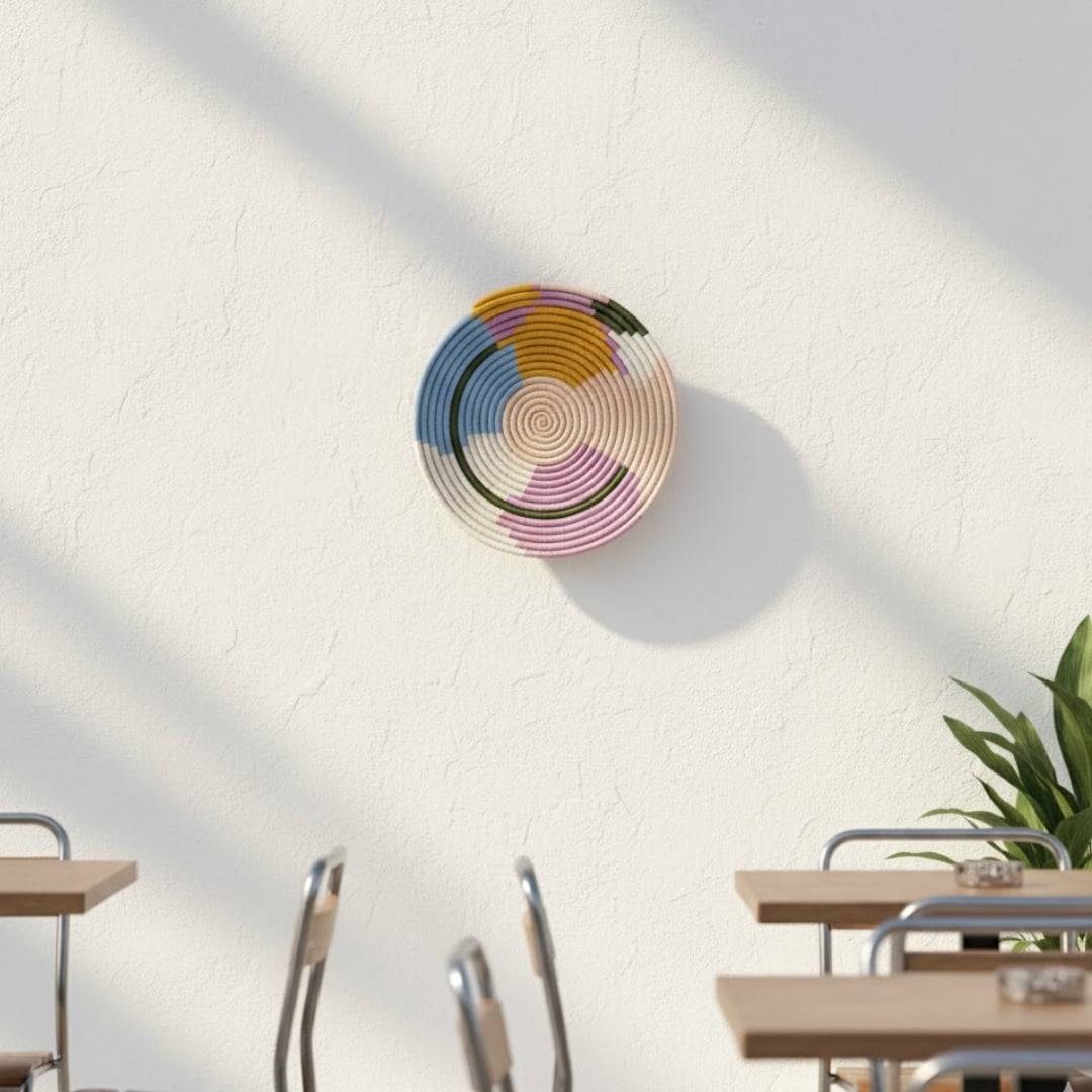 Handcrafted round wall decor with multicolor pattern mounted above dining table adding artistic charm and vibrant warmth to modern interior.