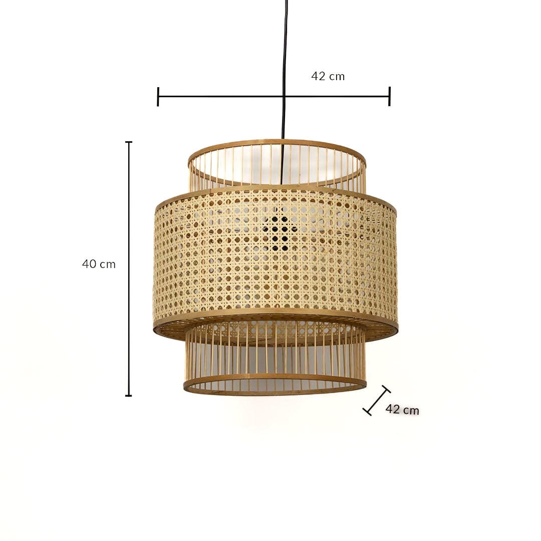 Dimension image of tiered natural beige cane webbing and bamboo slat pendant light showing 40 cm height and 42 cm width.