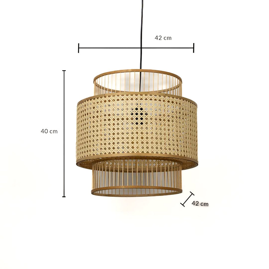 Dimension image of tiered natural beige cane webbing and bamboo slat pendant light showing 40 cm height and 42 cm width.