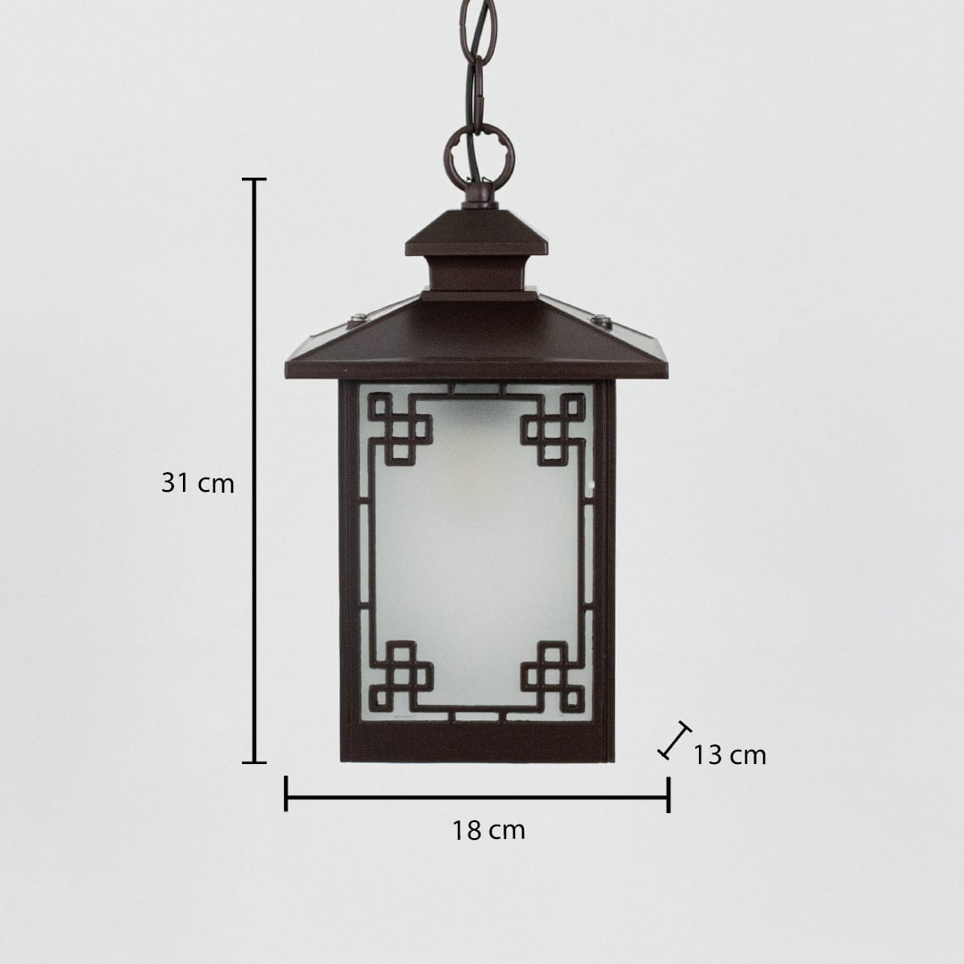 A hanging lantern light displayed on a white background with measurements showing height 31 cm width 18 cm and depth 13 cm clearly indicating size proportions and overall structure.