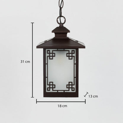 A hanging lantern light displayed on a white background with measurements showing height 31 cm width 18 cm and depth 13 cm clearly indicating size proportions and overall structure.