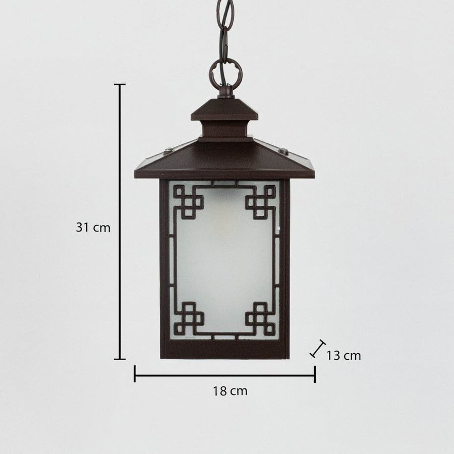 A hanging lantern light displayed on a white background with measurements showing height 31 cm width 18 cm and depth 13 cm clearly indicating size proportions and overall structure.