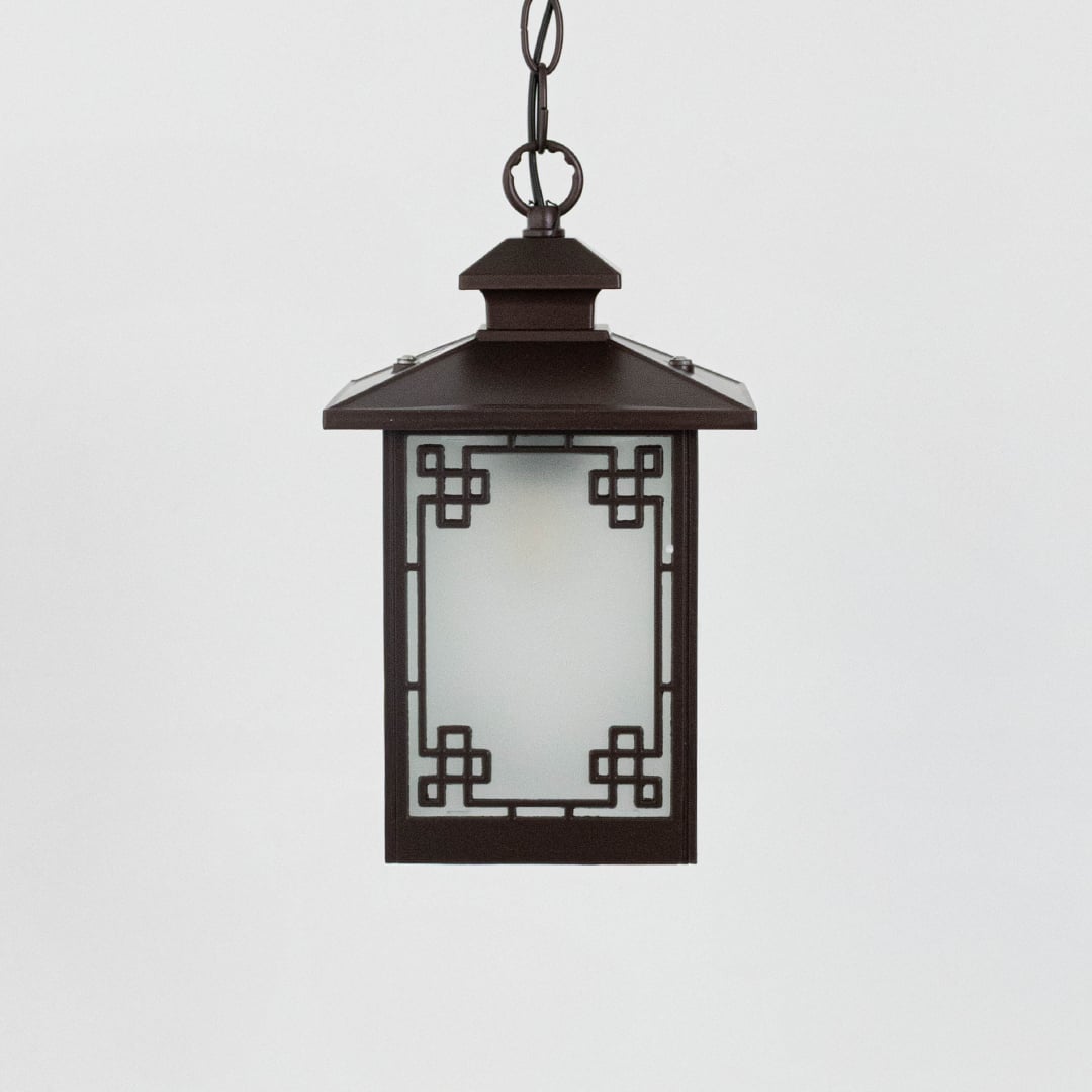 A detailed hanging lantern light turned off on a white background showcasing its dark brown metal frame and frosted glass design with clean lines and decorative geometric corners.