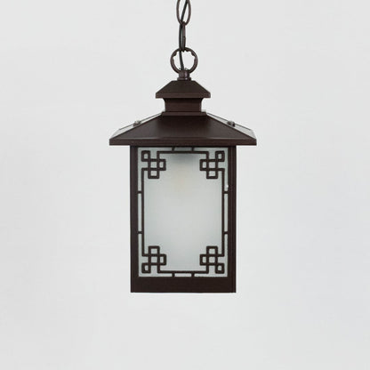A detailed hanging lantern light turned off on a white background showcasing its dark brown metal frame and frosted glass design with clean lines and decorative geometric corners.