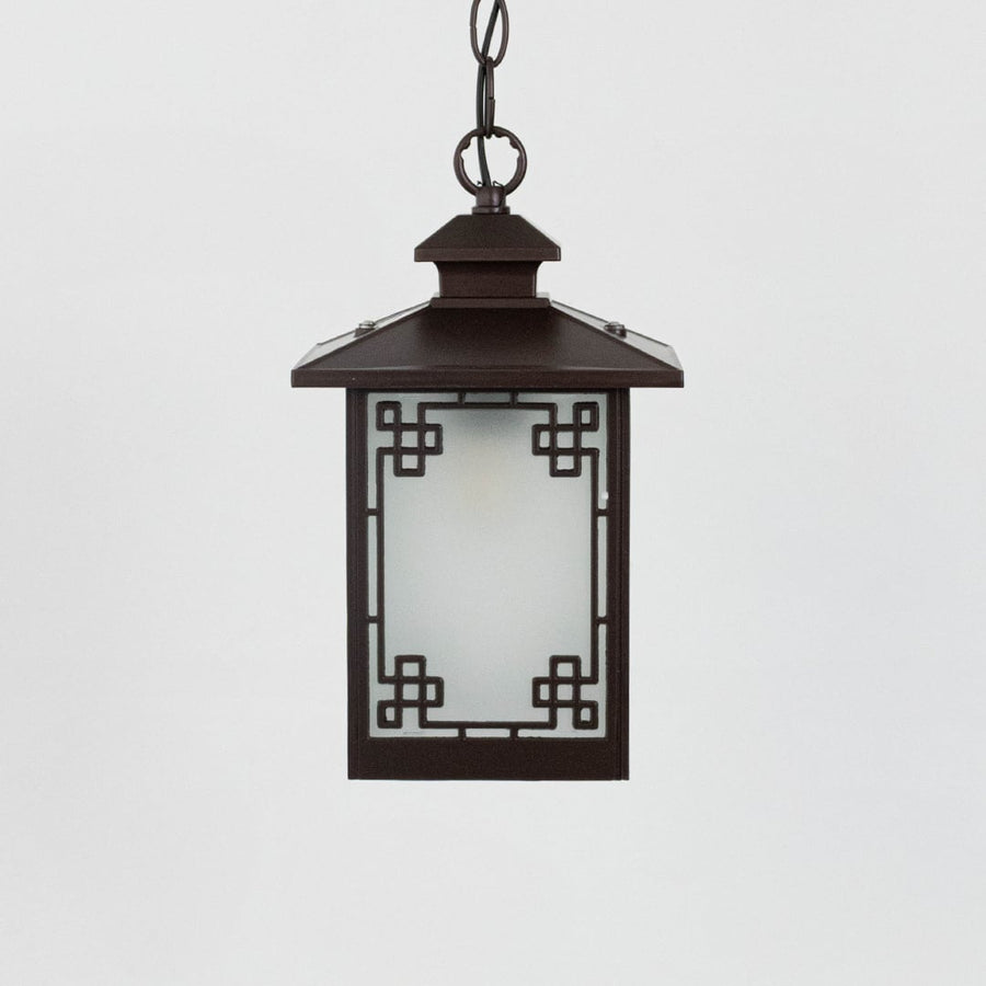A detailed hanging lantern light turned off on a white background showcasing its dark brown metal frame and frosted glass design with clean lines and decorative geometric corners.