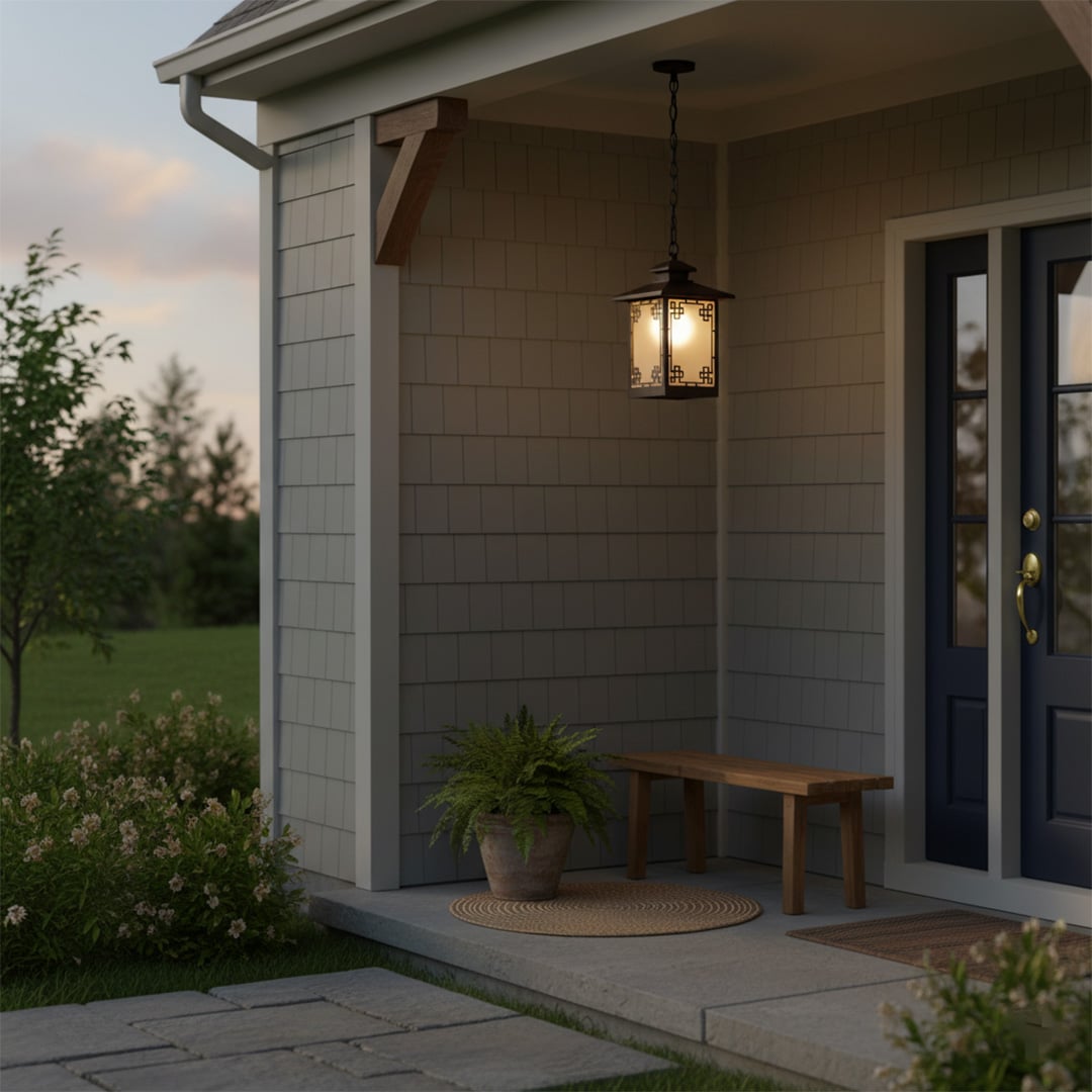 A warm outdoor porch scene at dusk featuring a hanging lantern light that is turned on casting a soft glow near the entryway with plants a bench and a doormat creating a welcoming ambiance.
