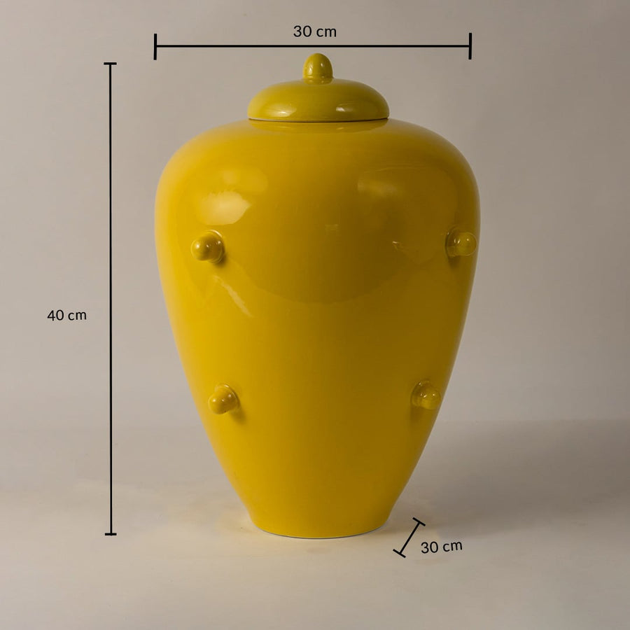 Yellow ceramic jar with lid measured 40x30 cm decorative modern vase for living room styling and luxury home decoration.