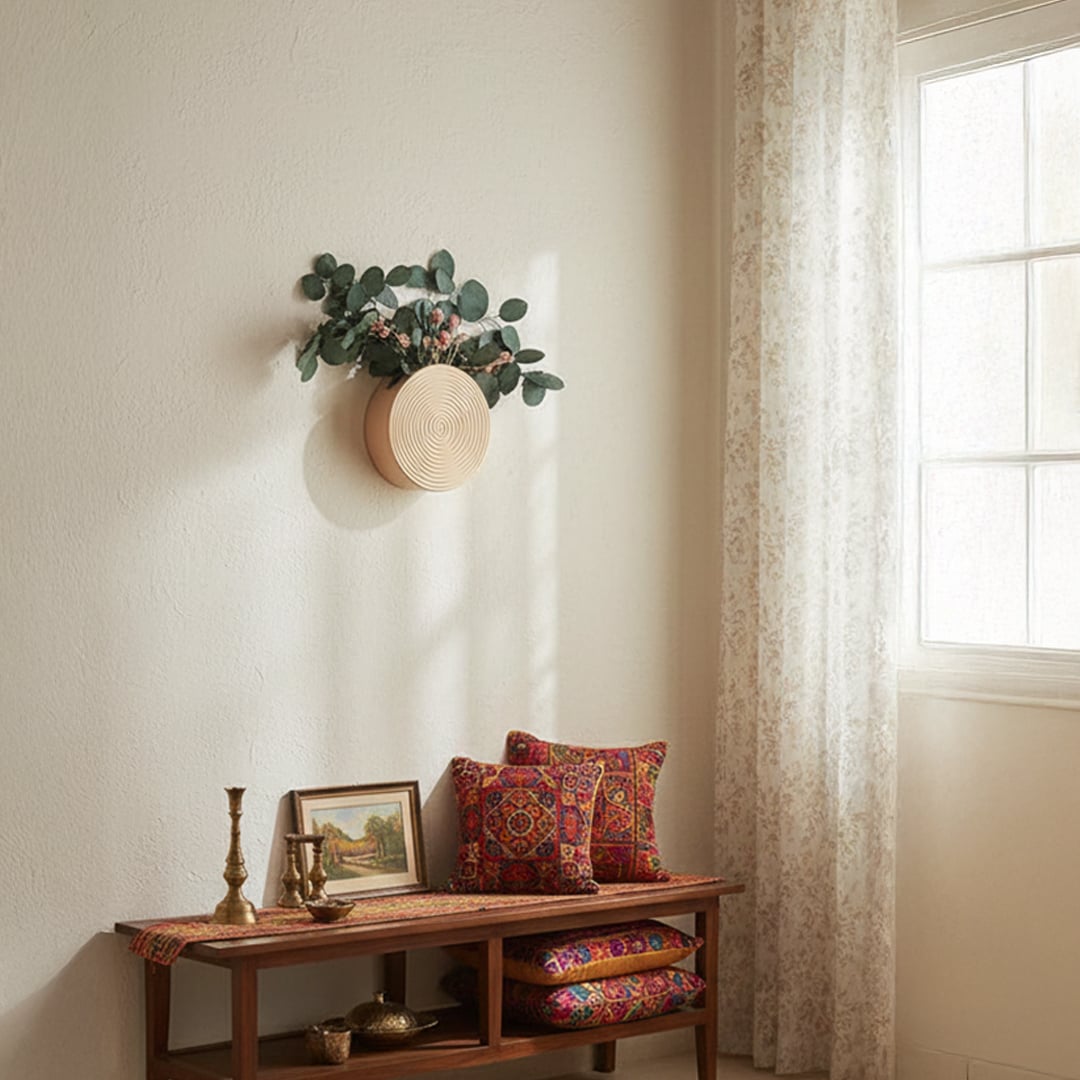 Beige textured round wall planter shown in a clean lifestyle setting ideal for modern home decor and small indoor arrangements.