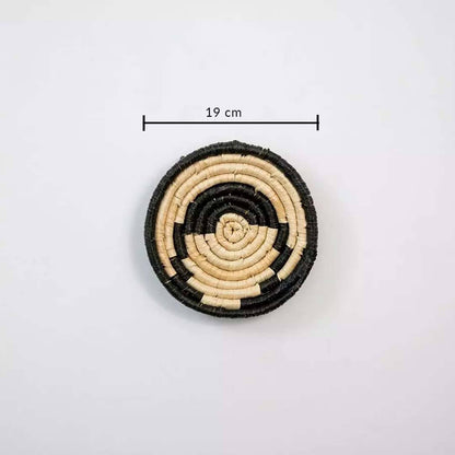 Handwoven seagrass round wall basket decor in natural beige and black with spiral pattern and size guide.