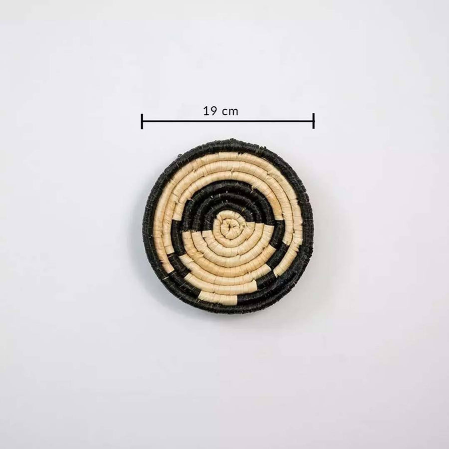 Handwoven seagrass round wall basket decor in natural beige and black with spiral pattern and size guide.