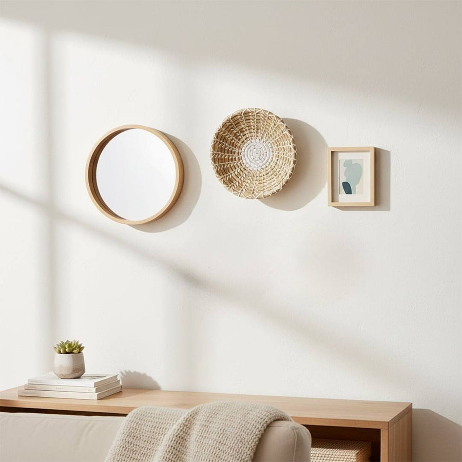 Handwoven seagrass wall basket decor styled in a modern bedroom creating warm natural boho wall decoration.