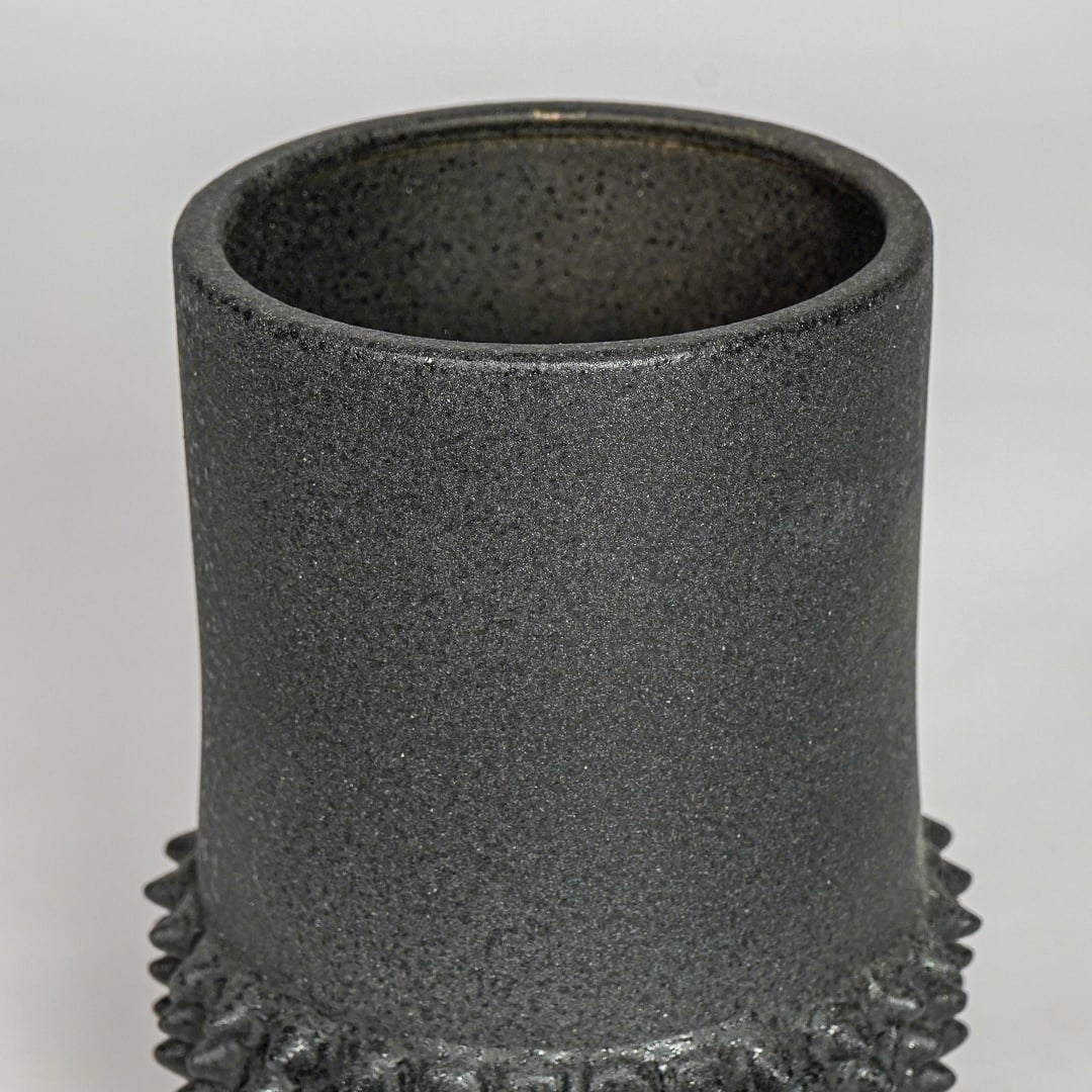 Black ceramic planter vase closeup with textured finish modern decorative pot for shelf console home decor styling.