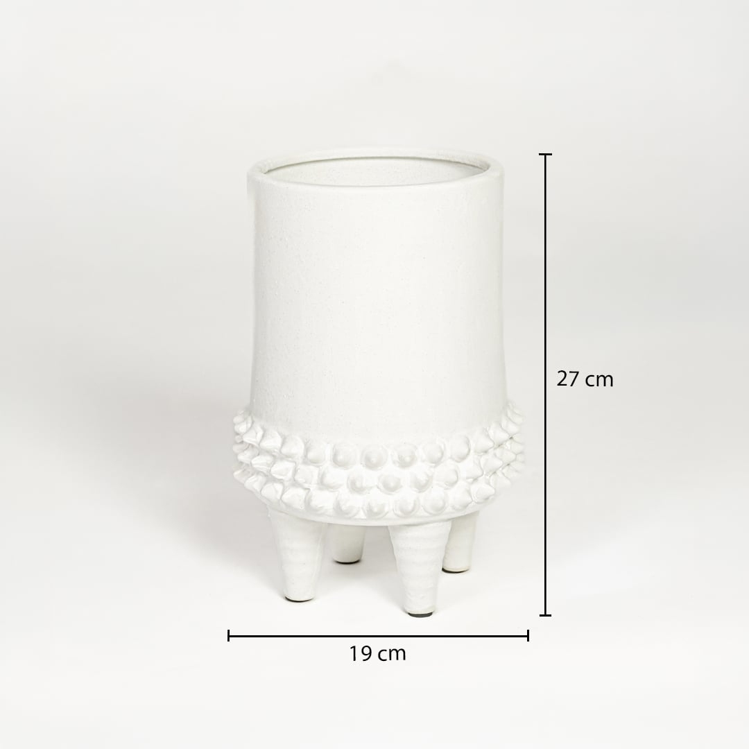 White ceramic vase measuring 27 cm height and 19 cm width designed for tabletop or floor decor placement.