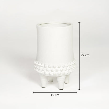 White ceramic vase measuring 27 cm height and 19 cm width designed for tabletop or floor decor placement.