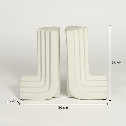 White ceramic sculptural bookends dimension image showing 26 cm height and 30 cm width modern shelf decor set.