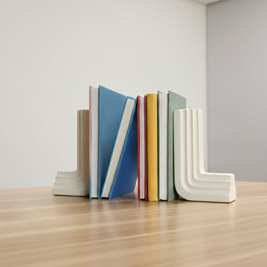 White ceramic bookends styled on shelf modern sculptural decor accent for bookshelf console or study table styling home.
