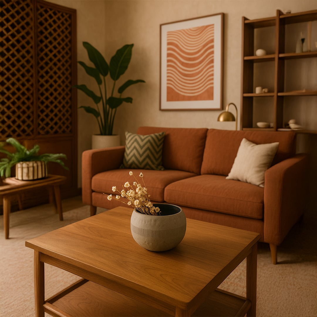 Small cream round textured pot with black interior styled in a cozy modern home adding soft minimal decor to shelves and tables.