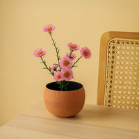 Warm lifestyle shot of a textured terracotta planter bowl with a rounded shape and black interior placed on a soft beige backdrop