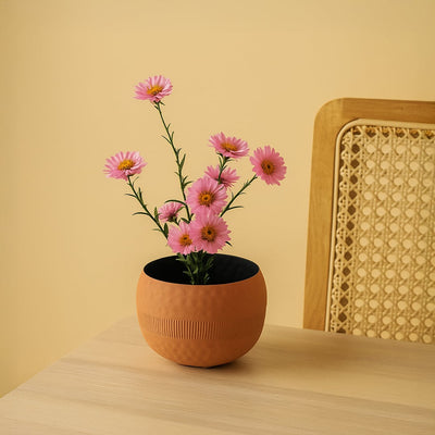 Warm lifestyle shot of a textured terracotta planter bowl with a rounded shape and black interior placed on a soft beige backdrop