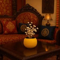 Yellow round textured pot with black interior styled in a warm modern room adding bright accent decor to shelves tables and consoles.