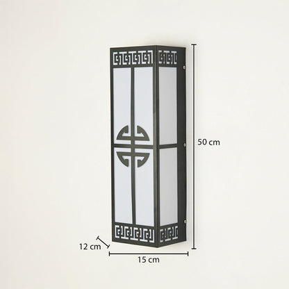 Decorative outdoor wall light with black metal frame and geometric pattern panel on neutral background 50 cm height 15 cm width 12 cm depth ideal for outdoor walls.