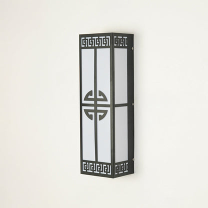 Contemporary outdoor wall sconce with black metal frame and patterned design on clean background perfect for porch or entryway lighting.