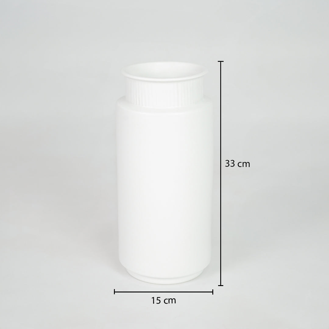 White ceramic storage jar dimension image with 33 cm height and 15 cm width for elegant table decor.
