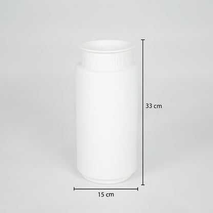 White ceramic storage jar dimension image with 33 cm height and 15 cm width for elegant table decor.