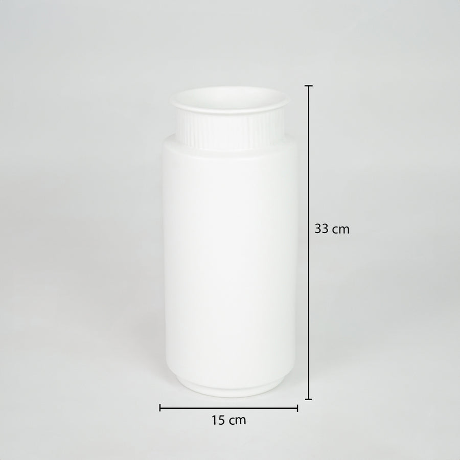 White ceramic storage jar dimension image with 33 cm height and 15 cm width for elegant table decor.