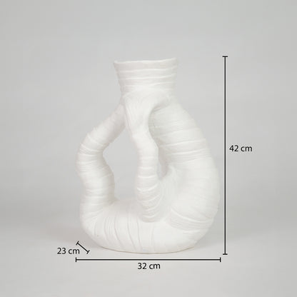 White textured ceramic double vase dimension image with 42 cm height and 32 cm width for modern table decor.