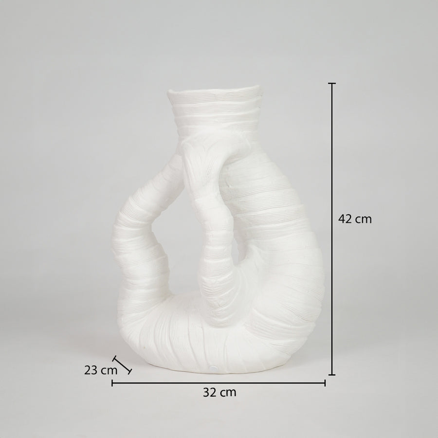 White textured ceramic double vase dimension image with 42 cm height and 32 cm width for modern table decor.