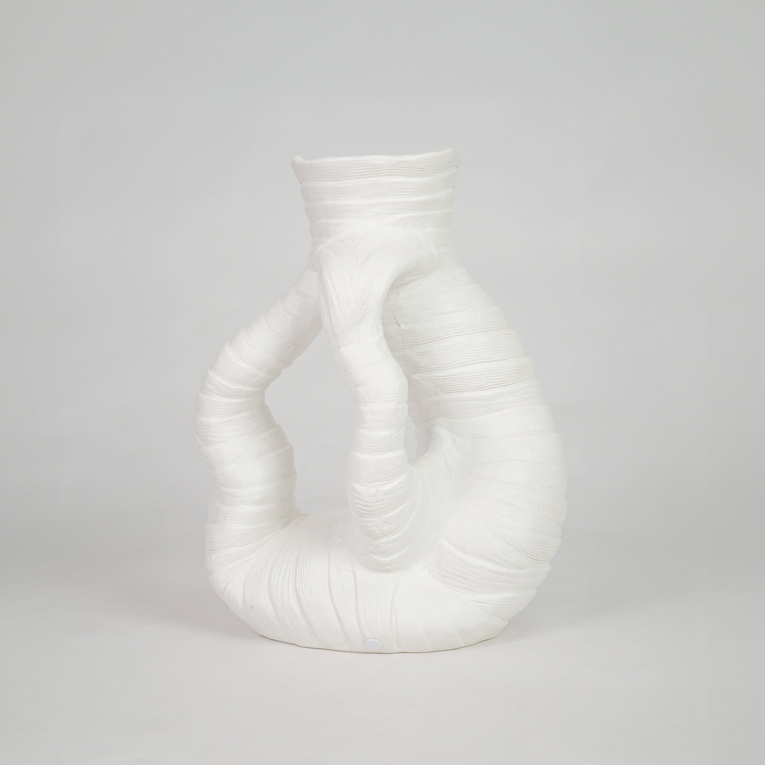 White textured ceramic vase for modern console table placement and elegant indoor home decor styling accent piece.