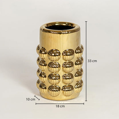 Zile bubble gold ceramic vase measuring 33 cm height 18 cm width and 10 cm depth ideal for statement decor display.