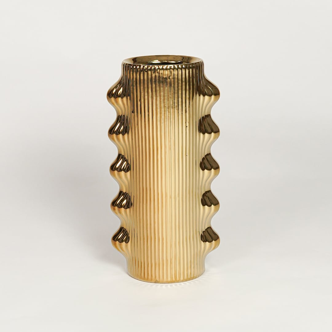 Contemporary gold metal flower vase with bold sculptural pattern perfect for entryway table living room decor display.