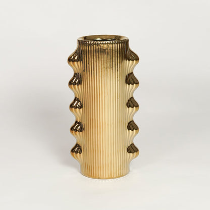 Contemporary gold metal flower vase with bold sculptural pattern perfect for entryway table living room decor display.