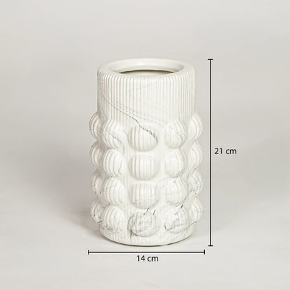 White ceramic bubble textured vase measuring 21 cm height and 14 cm width perfect for contemporary home decor placement.