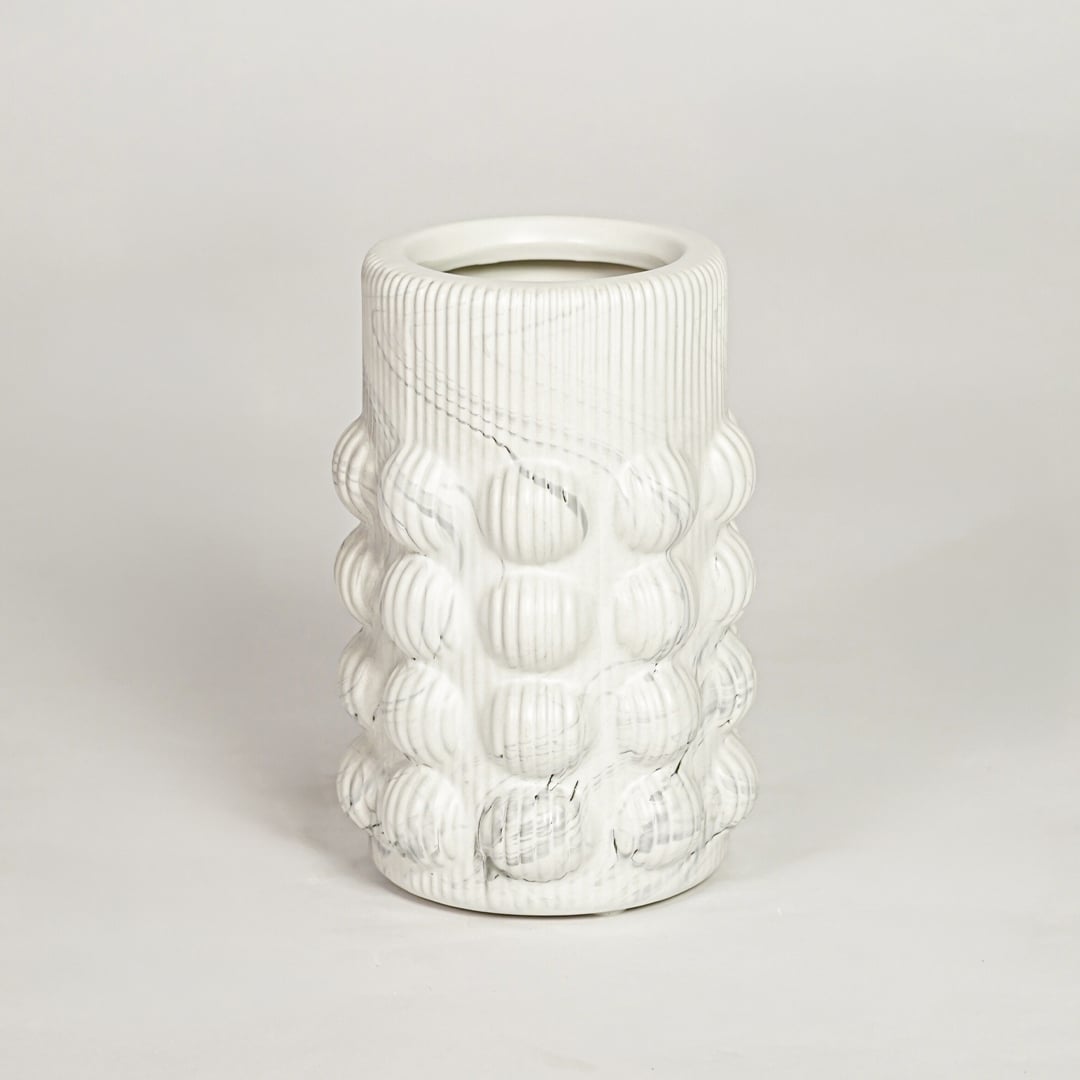 Contemporary white ceramic flower vase with sculpted bubble design perfect for entryway table living room decor display.