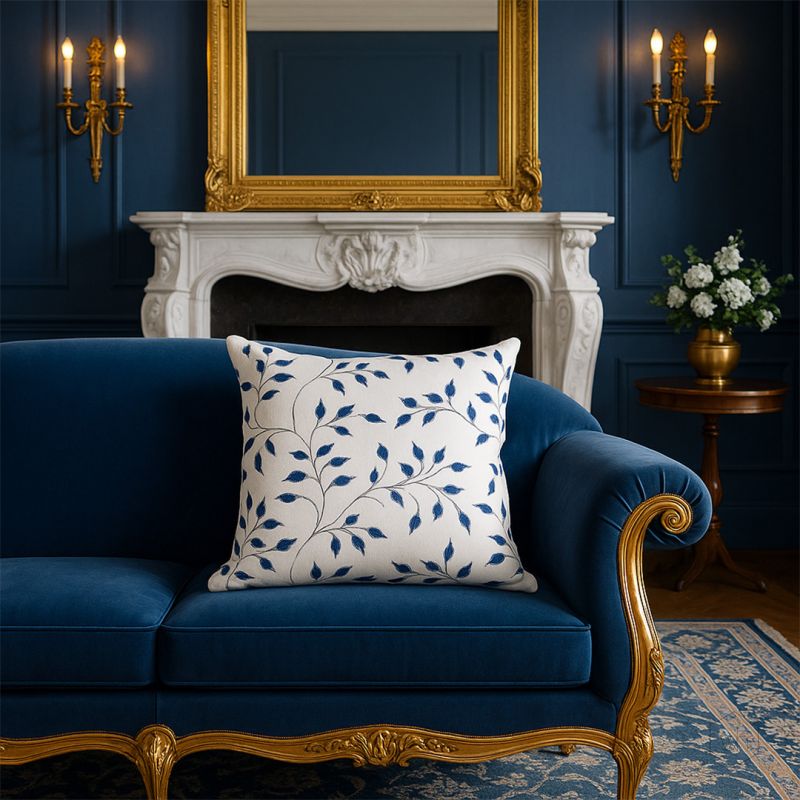 pecan designer blue embroidered cushion cover main lifestyle
