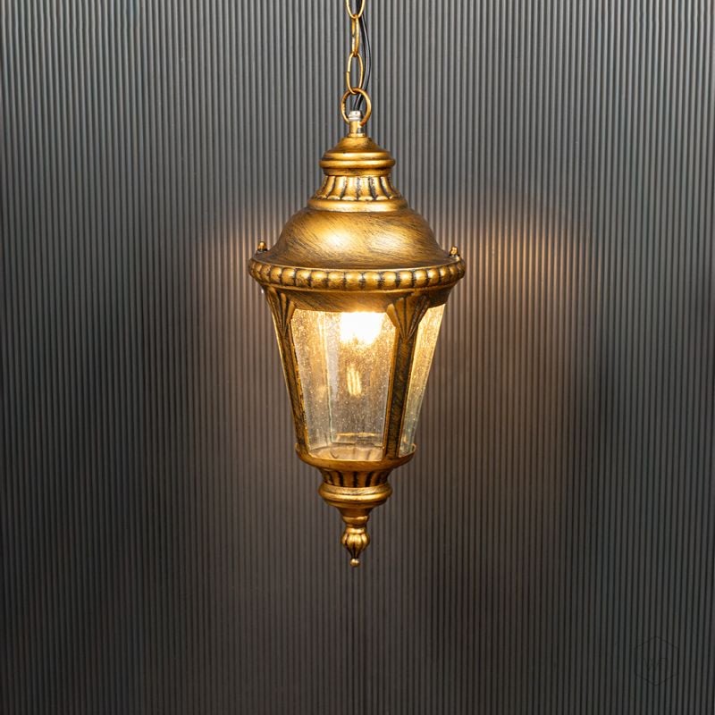 Traditional Outdoor Hanging Lamp Gold Light On Black Background