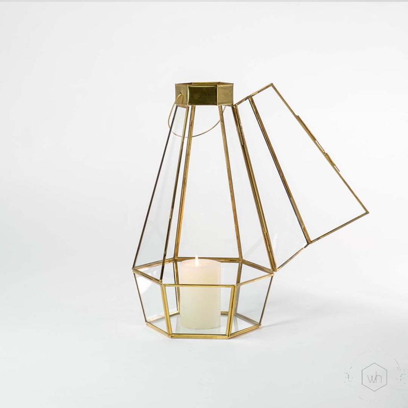 European Style Faceted Gold Metal & Glass Tealight Lantern - Large Light On White Background-1