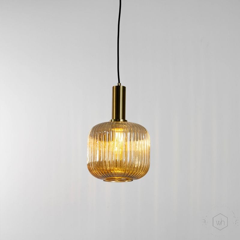 Nordic Style Ribbed Glass Pendant Light Light On White Background